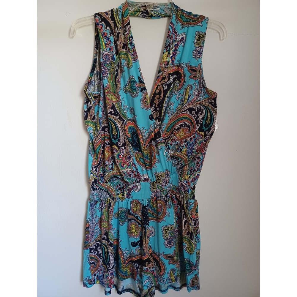 S Twelve Womens Romper Paisley Print Blues‎ Greens Yellow Aqua Size Small